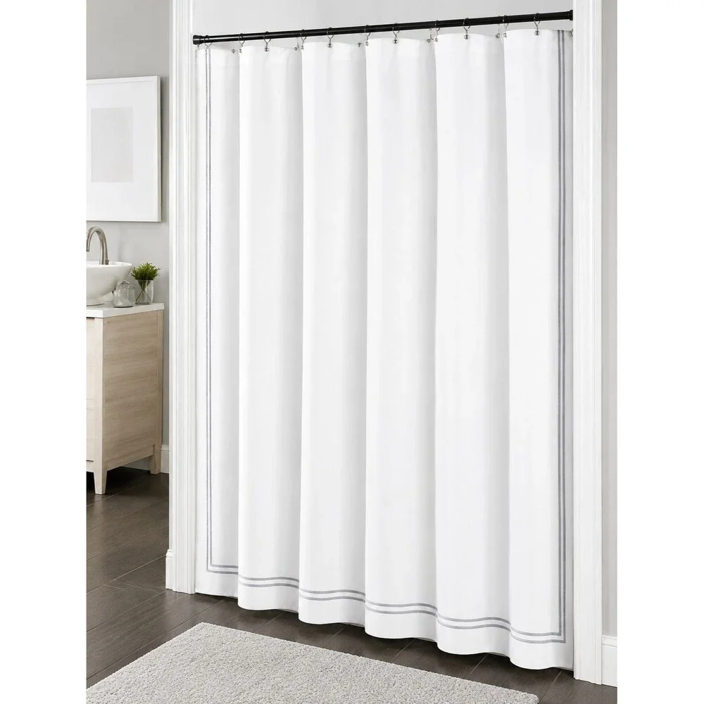 Fieldcrest Fabric Shower Curtain Double Baratta Silver Gray Border Stripe Cotton